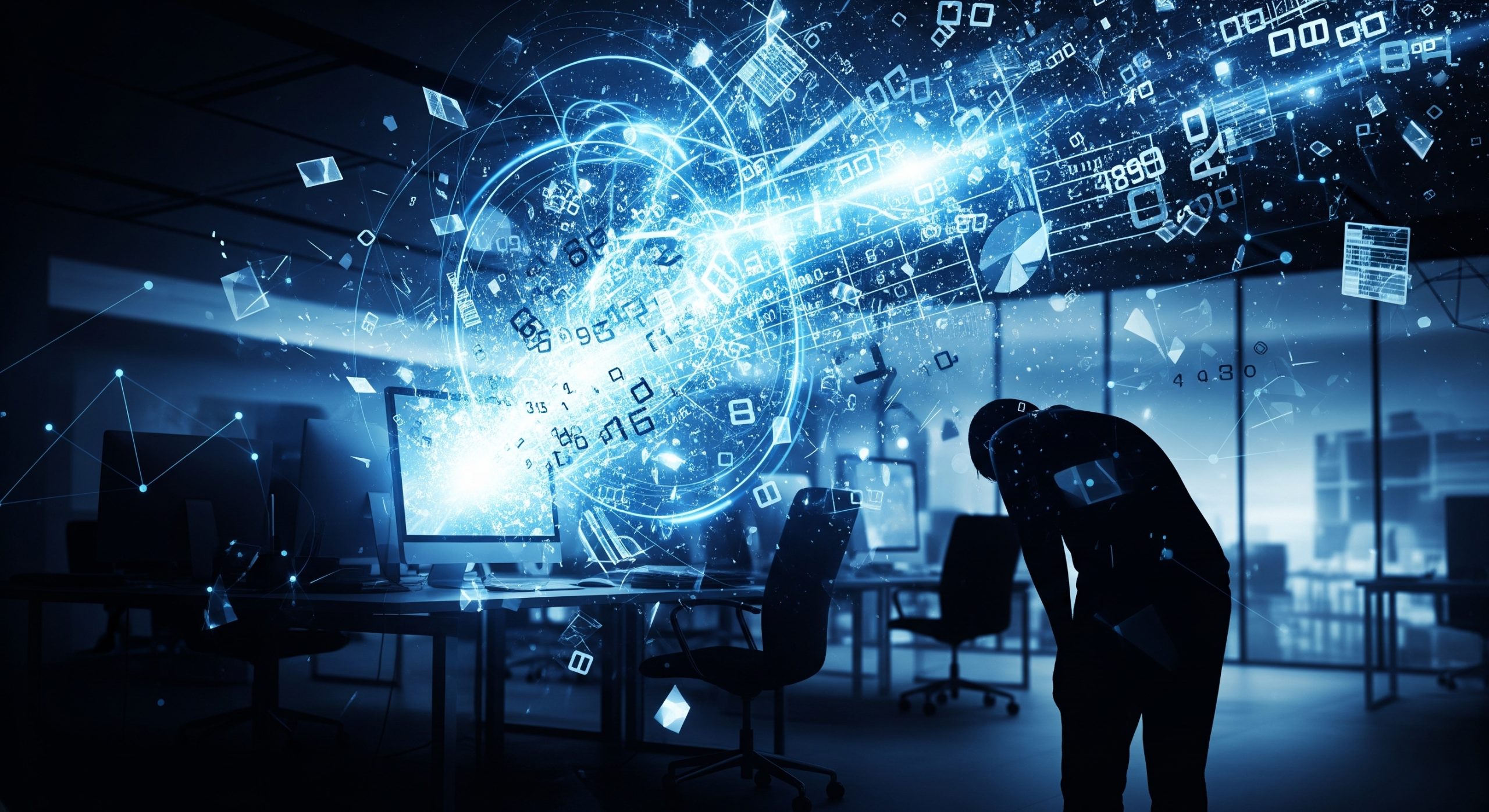 Profesional frustrado frente a ordenador con datos y gráficos digitales desbordando la pantalla, simbolizando errores tecnológicos y exceso de información.