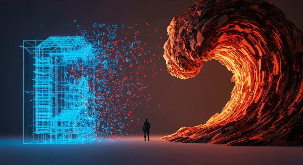 Arte abstracto que visualiza la dualidad de una crisis: a la izquierda, un modelo arquitectónico digital azul se desintegra en píxeles rojos, simbolizando un error tecnológico; a la derecha, una imponente ola de fuego y caos representa un desastre natural o un factor externo incontrolable.