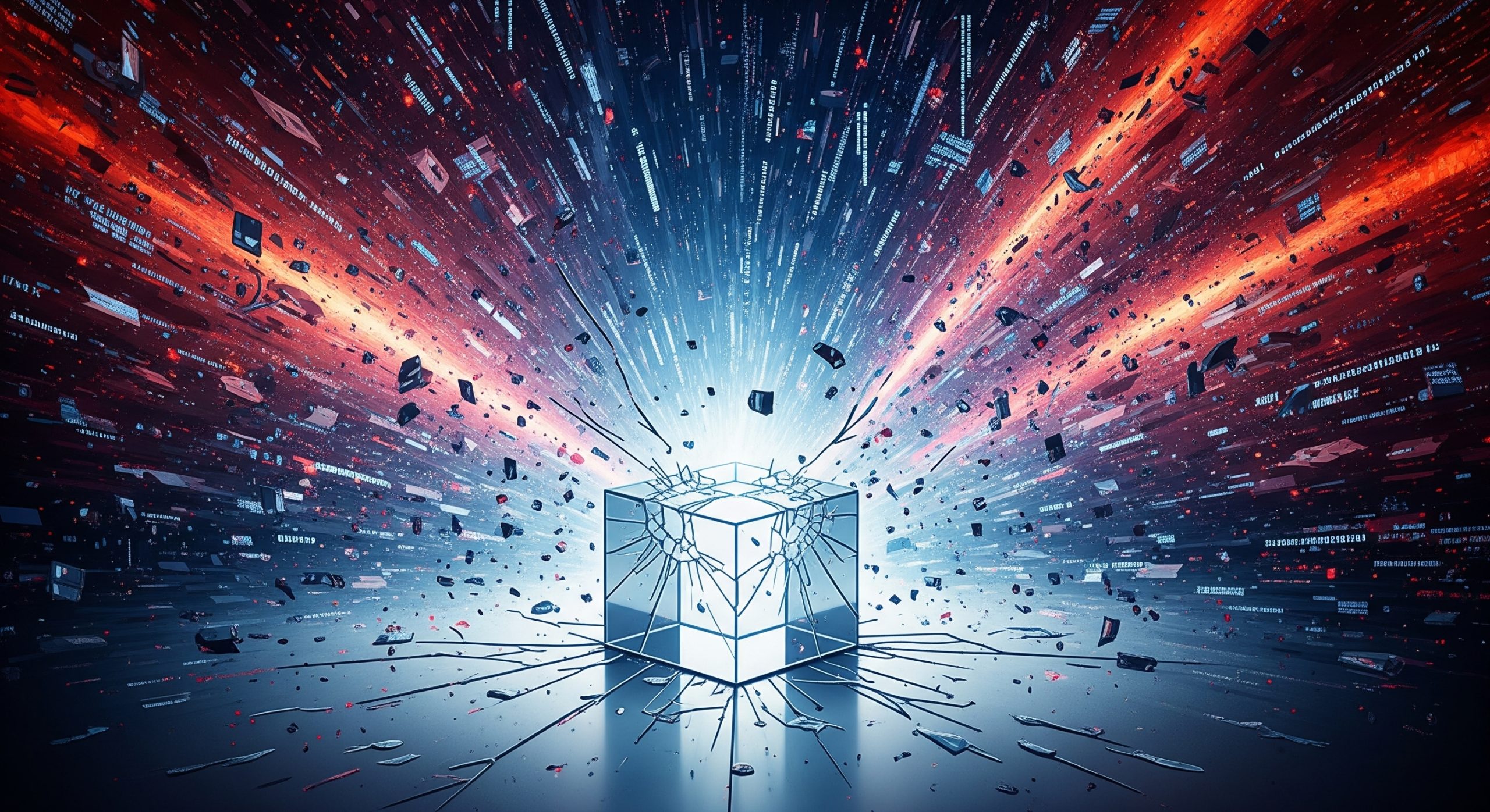 Arte conceptual que muestra un cubo de cristal frágil en el centro, resquebrajándose bajo la presión de una explosión masiva de partículas digitales rojas y azules que representan el caos y la sobrecarga de datos de un archivo masivo, como una nube de puntos.