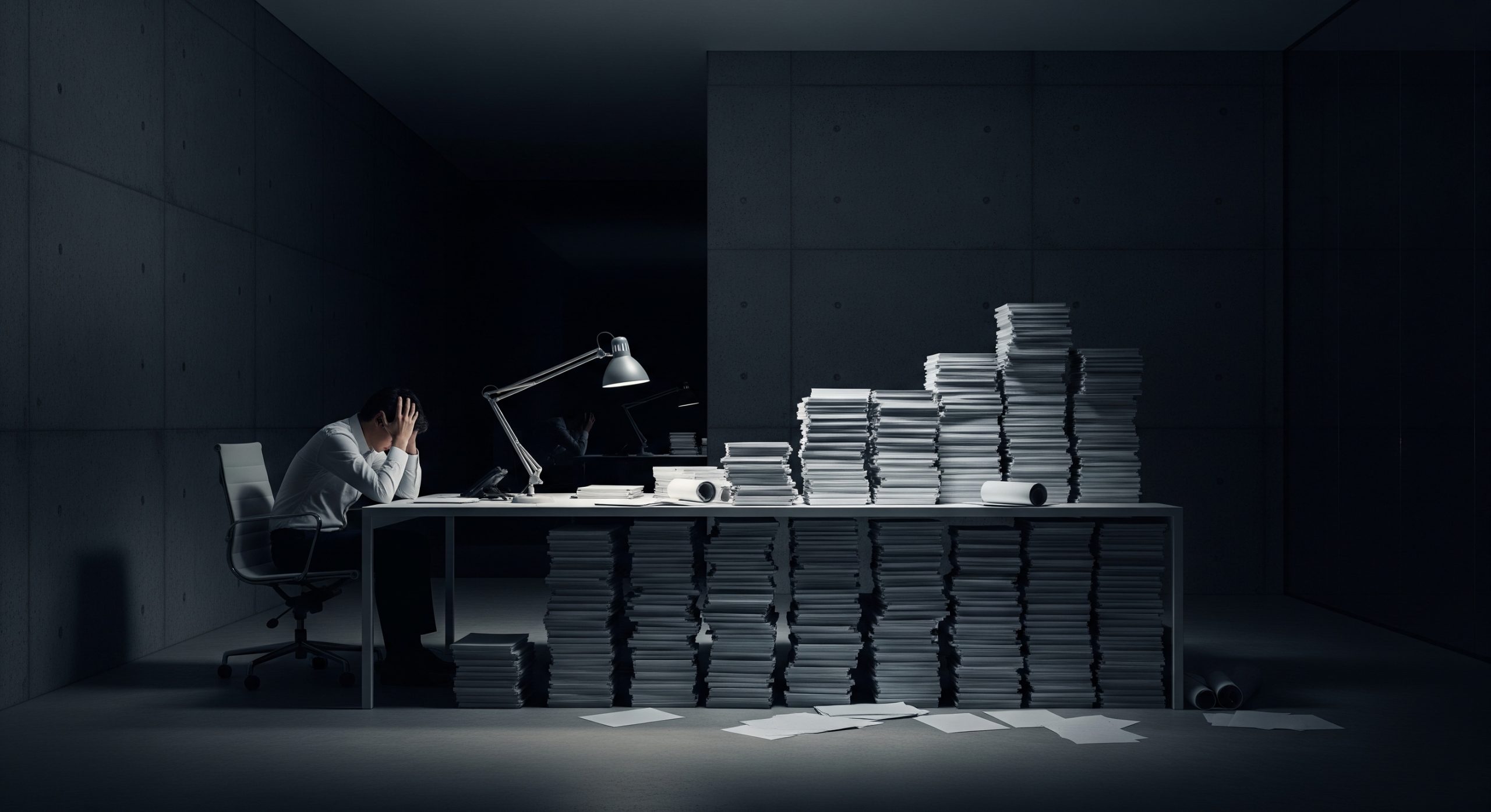 Un arquitecto desesperado en una oficina minimalista por la noche, con la cabeza entre las manos, iluminado únicamente por un flexo que revela una pila gigantesca y abrumadora de documentos que representa un BEP (BIM Execution Plan) inabarcable.