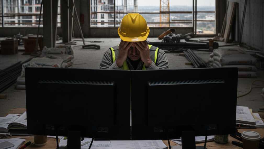 Técnico BIM estresado en obra de construcción, frente a monitores, reflejando sobrecarga de trabajo y presión