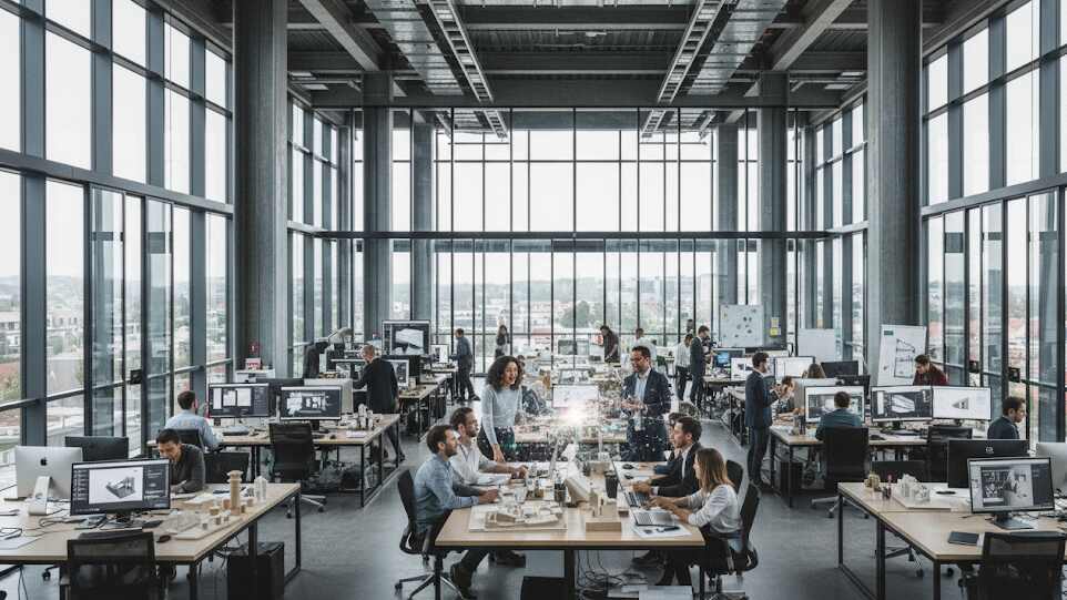 Gran estudio de arquitectura moderno con ventanales, acero, cristal y numerosos arquitectos colaborando en proyectos BIM.