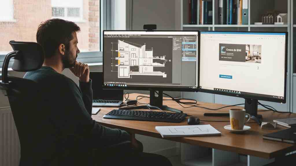Hombre concentrado trabajando en diseño arquitectónico y sitio web en doble monitor, oficina luminosa.