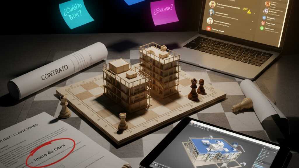 Conflicto BIM en obra: tablero de ajedrez, contrato, maqueta, tablet con modelo 3D y foro de debate