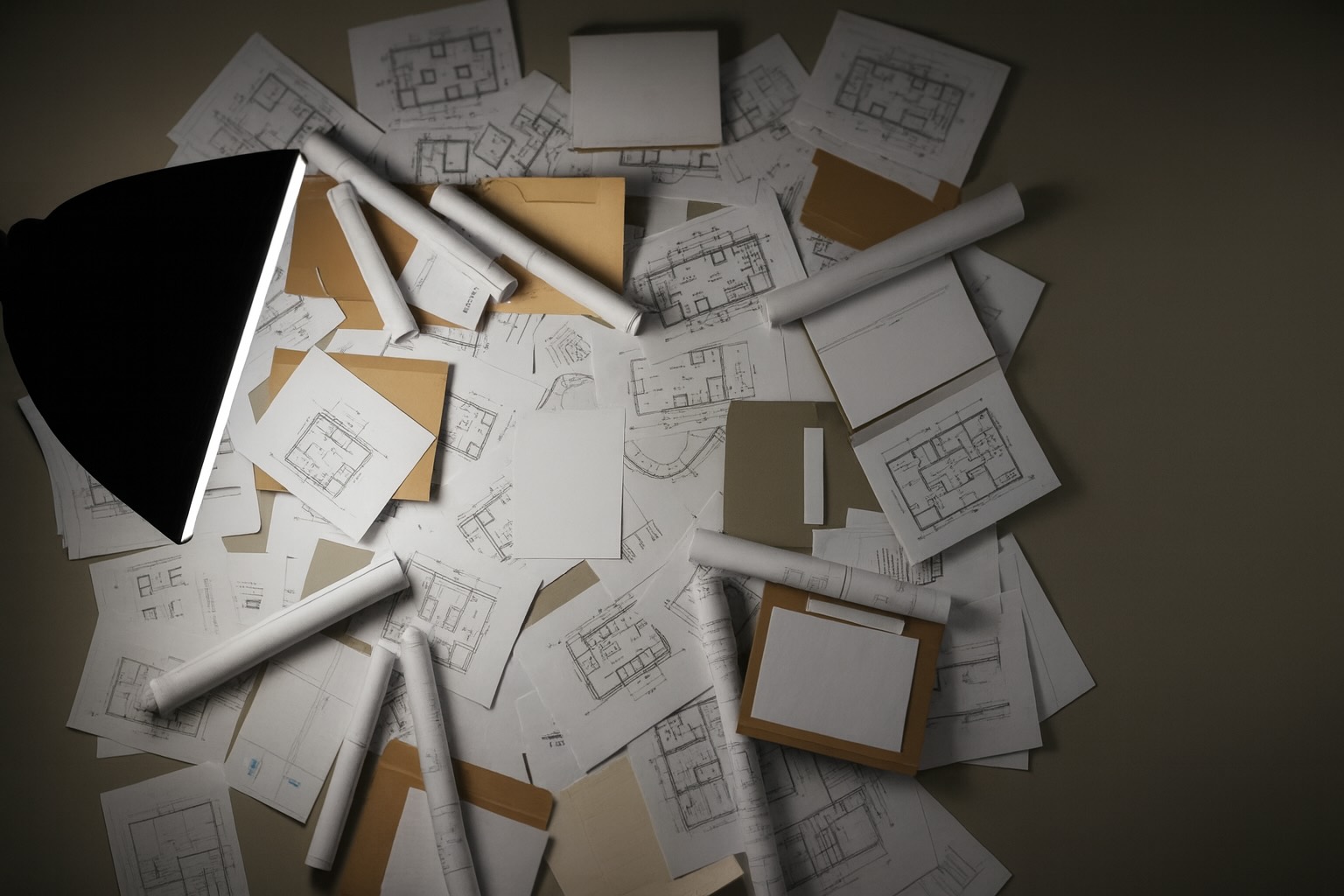 Mesa de trabajo cenital con planos y documentos de arquitectura, destacando una hoja en blanco en el centro iluminada por una lámpara.
