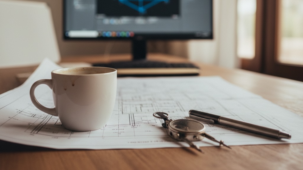 Taza de café sobre planos de arquitectura junto a un compás y un bolígrafo, con un monitor al fondo mostrando un modelo 3D en la pantalla.