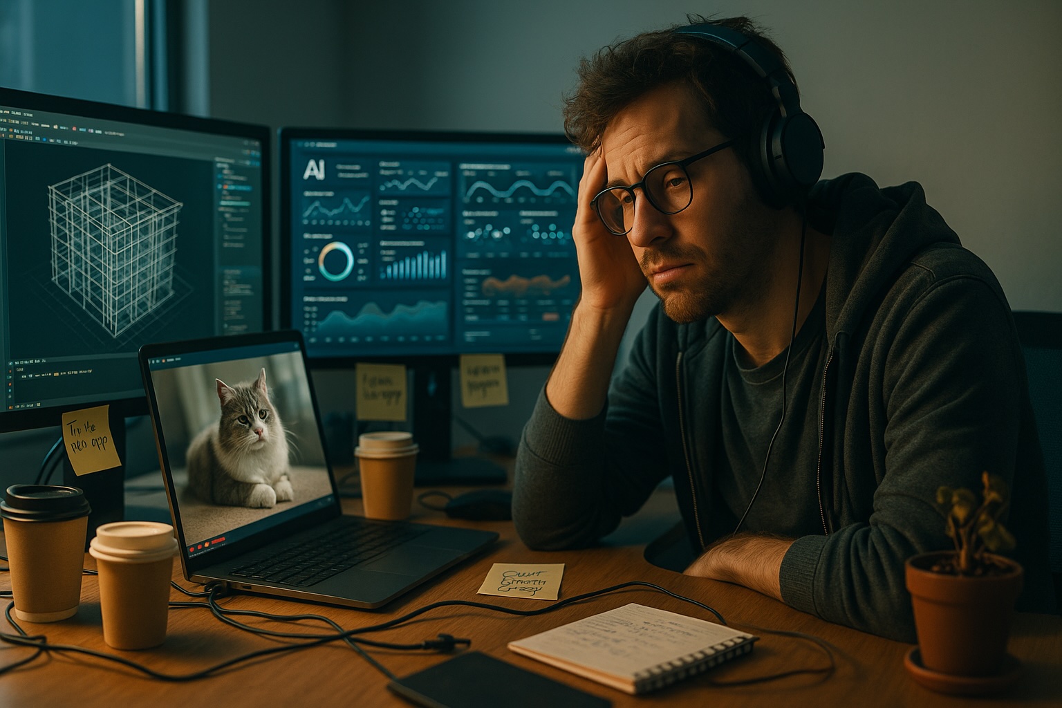 Profesional cansado en un escritorio desordenado frente a tres pantallas con software BIM, panel de inteligencia artificial y un vídeo de un gato, en una oficina moderna con luz cálida y azulada.