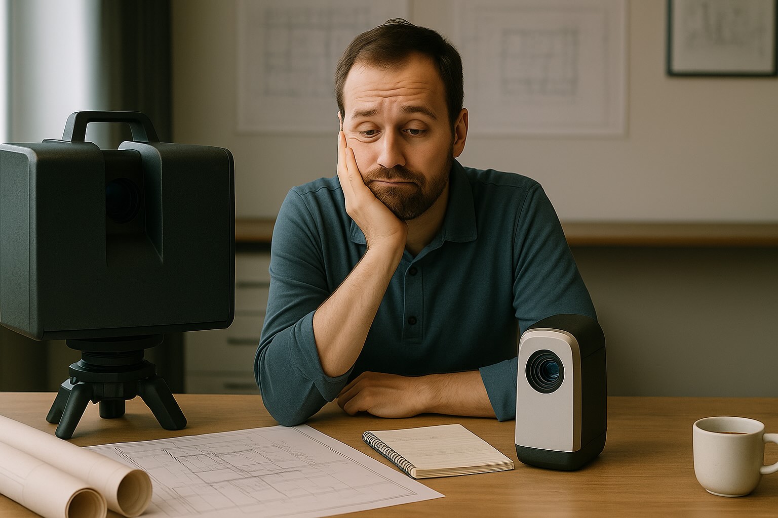 Técnico BIM observa con resignación dos escáneres 3D, uno antiguo y otro moderno, sobre una mesa de trabajo con planos y una taza de café.